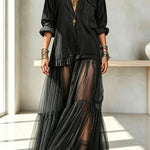 Retro-style Faux Denim Long Sleeve Pocket Tulle Hem Shirt Maxi Dress