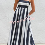 Color-blocked Striped Print Square Neck Suspender Casual Pocket Maxi Dress