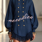 Stand Collar Double Gold Buttons Long Lantern Sleeve Lace Hem Loose Mini Dress