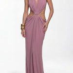 Athena Metal-Link Cutout Design Back Lace-up Drape Maxi Dress