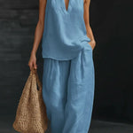 Linen Blend Solid Color V-neck Sleeveless Loose Top and Elastic Waist Casual Pocket Pants Set