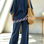 Retro Style Polka Dot Print Batwing Sleeve Top and Elastic Waist Loose Jogger Pants Set