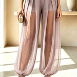 Semi-sheer Mesh Solid Color Mid Rise Patchwork Loose Lantern Pants
