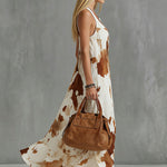 Vintage Brown Cow Print White Chiffon Sleeveless Maxi Dress