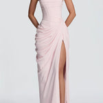 Cyra Back Lace-up Asymmetrical Pleats Strapless Slit Maxi Dress