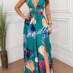Seinah Floral Print Cutout Waist Open Back Lace-up Slit Maxi Dress