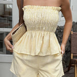 Striped Printed Sleeveless Off-shoulder Ruched Top and Elastic Waist Casual Pocket Shorts Set