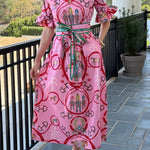 Churchill Social Playful Warhorse Print Stand Neck Ruffle Sleeve Belted Pocket Caftan Midi Dress