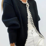 Elegant Chic Knit Pearls Trim Long Sleeve Relaxed Cardigan