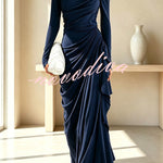 Elegant High Neck Long Sleeve Pleated Draped Fitted Maxi Dress