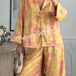 Floral Print Satin Knotted Button Long Sleeve Shirt and Elastic Waist Pocket Wide Leg Pants Set