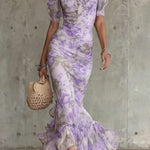 Unique Print Stand Collar Puff Sleeve Slim Fit Ruffle Maxi Dress