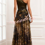 Ayla Satin One Shoulder Metallic Flower Detail Floral Tulle Hem Slit Maxi Dress