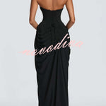 Cyra Back Lace-up Asymmetrical Pleats Strapless Slit Maxi Dress