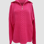 Zipper Lapel Twist Loose Solid Color Knitted Sweater