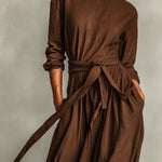 Linen Blend Round Neck Long Sleeve Waist Tie Casual Pocket Maxi Dress