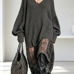 Knit V-neck Long Sleeve Asymmetrical Cut-out Detail Hem Loose Sweater Midi Dress