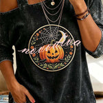 Cozy Fall Vibes Black Cat Print Off-Shoulder Halloween Top