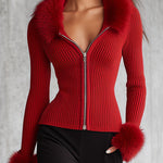Lapel Zipper Faux Fur Collar Knitted Cardigan