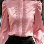 Solid Color Satin Lace Patchwork Casual Long-sleeved Shirt