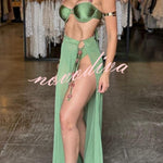 Colored Stones Detail Straps Elastic Bikini and Tulle Lace-up Waist Cover-up Maxi Skirt Three-piece Set