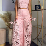 Sienna Embroidered Cut-Out Palazzo Pants Two-Piece Set