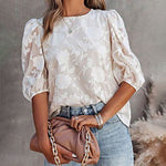 Zeagoo Five Quarter Sleeves Puff Sleeves Round Neck Top Chiffon Loose Flower Texture Casual Shirt