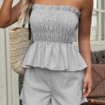 Striped Printed Sleeveless Off-shoulder Ruched Top and Elastic Waist Casual Pocket Shorts Set