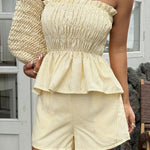 Striped Printed Sleeveless Off-shoulder Ruched Top and Elastic Waist Casual Pocket Shorts Set