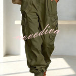 Street Style Solid Color High Waist Pocketed Loose Fit Cargo Pants