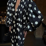 Chrissa Satin Polka Dot Print Lace Trim Tie-up Neck Balloon Sleeve Loose Blouse