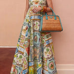 Sea Calling Linen Blend Unique Print Scalloped Detail Back Smocked Pocket Maxi Dress