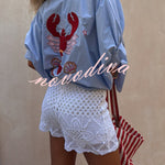 Piper Unique Lobster Ocean Embroidery Pattern Half Sleeve Oversized Shirt
