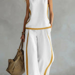Linen Blend Color-blocked Round Neck Sleeveless Loose Top and Elastic Waist Casual Pocket Wide-leg Pants Set