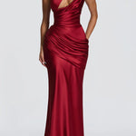 Emina Satin One Shoulder Asymmetrical Neck Cutout Back Lace-up Drape Maxi Dress