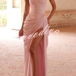 Cyra Back Lace-up Asymmetrical Pleats Strapless Slit Maxi Dress