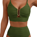 Solid Color V-neck Hollowed-out Pleated High Waist Stretch Two-Piece Bikini Swimsuit