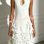 Delicate Silhouette Pearl Trim Cutout Neck Sleeveless 3D Florals Hem Mini Dress