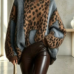 Retro-chic Knit Leopard Print Patchwork High Neck Long Sleeve Loose Sweater