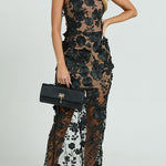 Sienna Floral Embroidered Fabric Off Shoulder Mermaid Silhouette Slit Maxi Dress