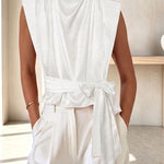 L'Aura Padded-Shoulder Wrap-Around Satin Top