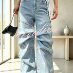 Chic Style Denim Decorative Button-stud Detail High Rise Pocket Loose Jeans