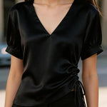 Solid Color Satin V-neck Short-sleeved Side Waist Ruching Casual Top