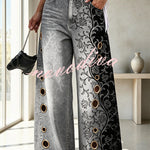Faux Denim Unique Print Mid Rise Silver Stud Detail  Pocket Barrel Pants