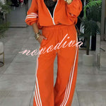 Fashionable Sporty Stripes Long Sleeve Zipper Drawstring Jacket and Elastic Waist Pocket Pants Set
