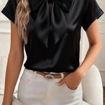 Solid Color Satin Collared Short-sleeved Tie Bow Casual Shirt