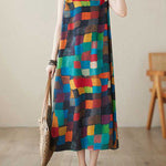 Loose Sleeveless Contrast Color Multi-Colored Plaid Round-Neck Midi Dresses