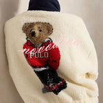 Cute Bear Print Colorblock High-Pile Fleece Zipper High Neck Long Sleeve Pocket Sweatshirts