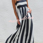 Color-blocked Striped Print Square Neck Suspender Casual Pocket Maxi Dress