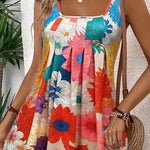A-Line High Waisted Flower Print Pleated Round-Neck Mini Dresses